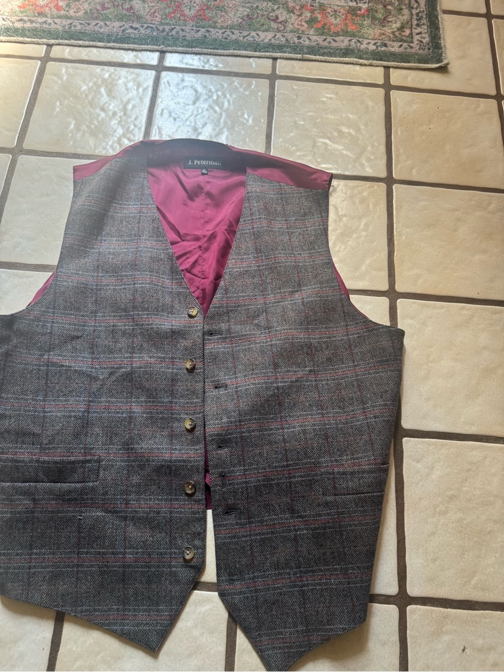 J. Peterman Gray Plaid Wool Vest with Burgundy Lining